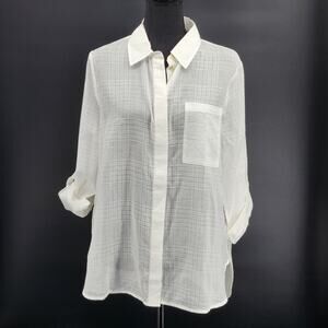 Daily Thread White Plaid Sheer Button Down Roll Tab Sleeve Blouse NWT Size M